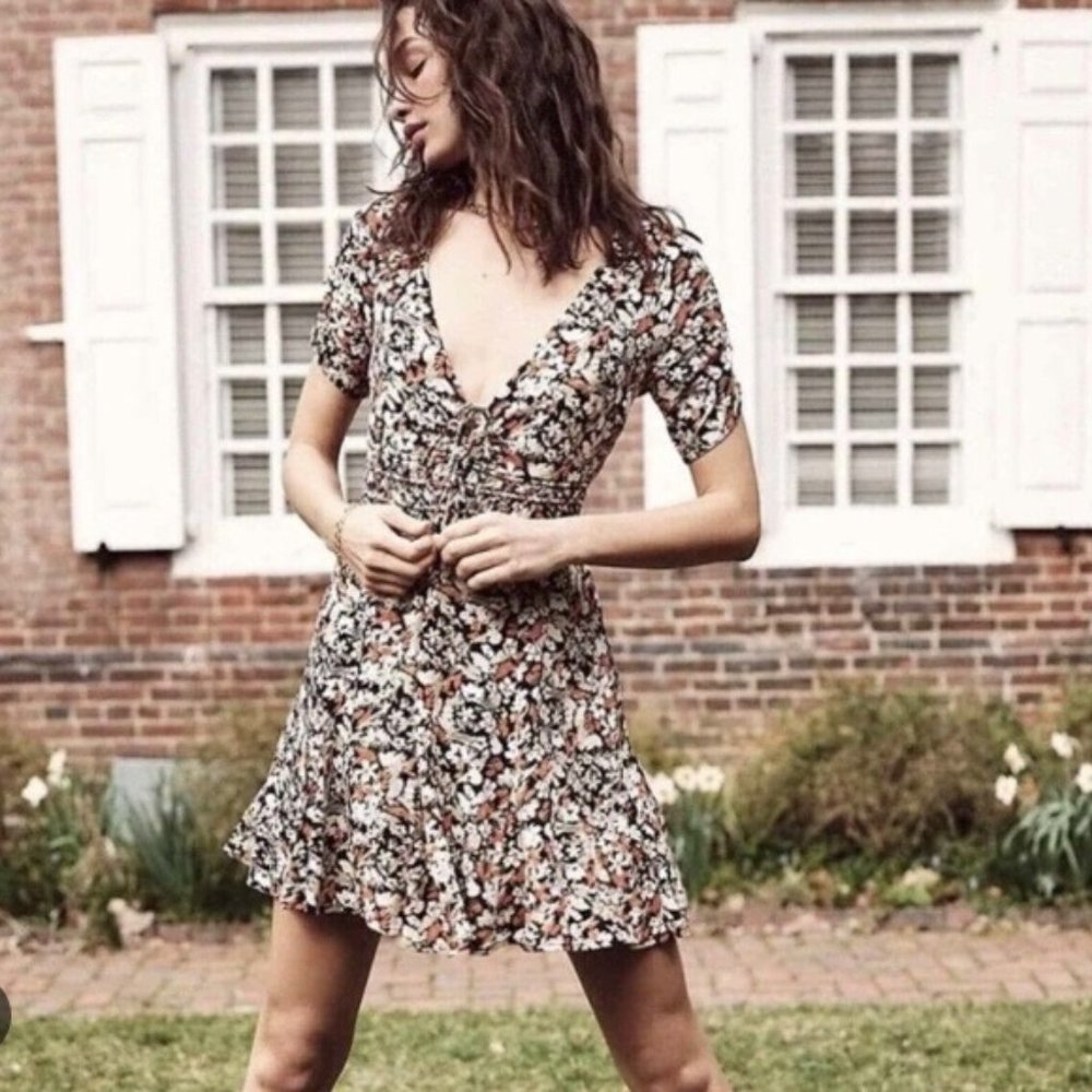 FREE PEOPLE Black Floral Forget Me Not Deep V Dress 0 $128